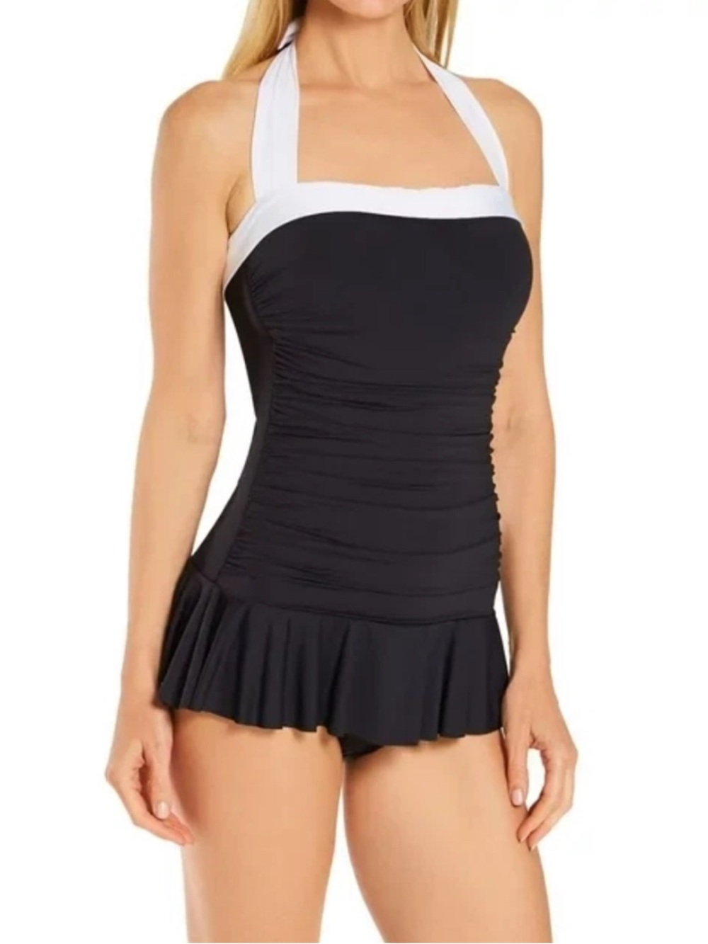 NWT Lauren Ralph Lauren Bel Air Skirted Bandeau One Piece Swimsuit 4 Black White